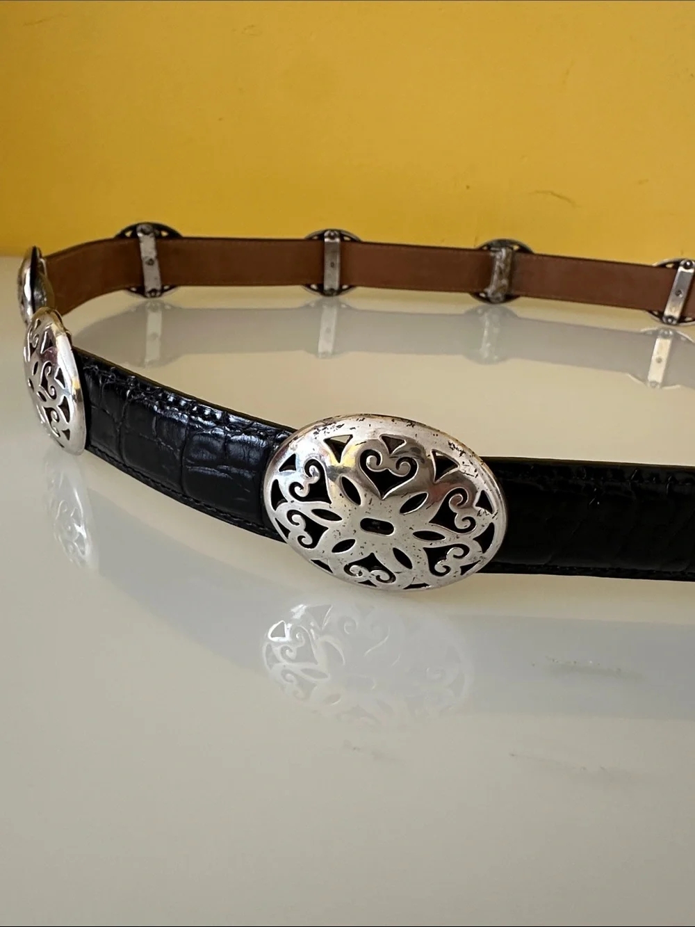 Brighton Women’s Black Croc-Embossed Western-Inspired Leather Belt Silver Buckle